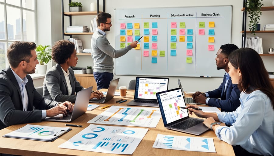 Overhead view of workspace with laptop, research papers and notes for content planning