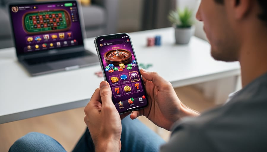 Hand holding smartphone displaying mobile-optimized casino website interface