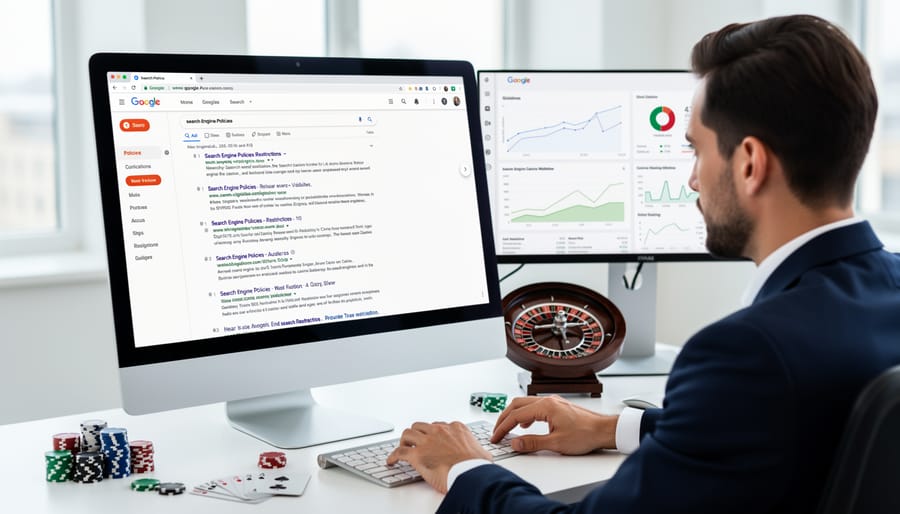 Professional working on laptop displaying search engine results in modern office