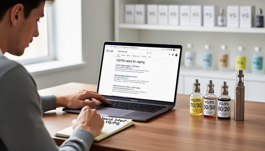 Person searching for vape juice information on smartphone with vape bottles in background