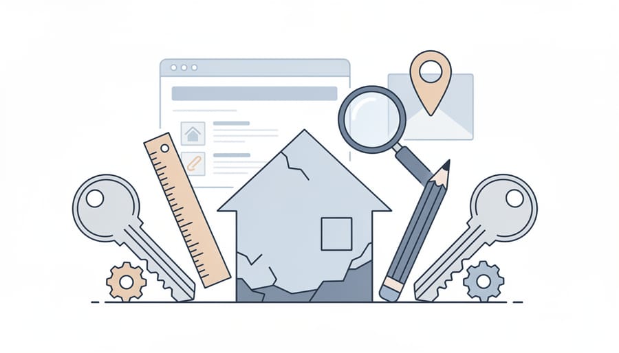 Keys and planning notebook on a table with a blurred laptop suggesting property search activity