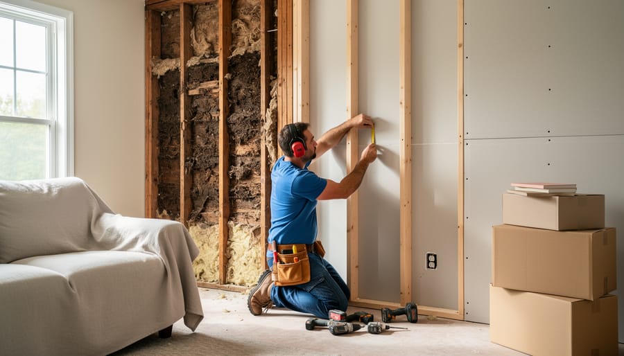 Renovation contractor placing protective plastic sheeting over damaged interior surfaces