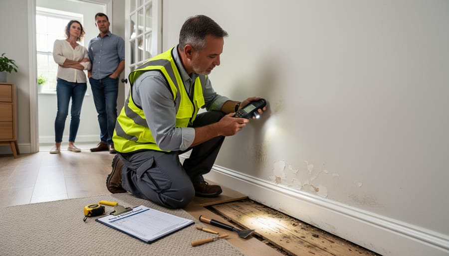 Surveyor examining damp wooden floorboards with a flashlight