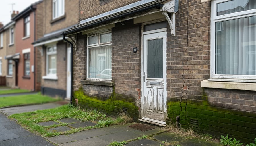 Exterior of a derelict terraced house in the UK with visible signs of damp and neglect