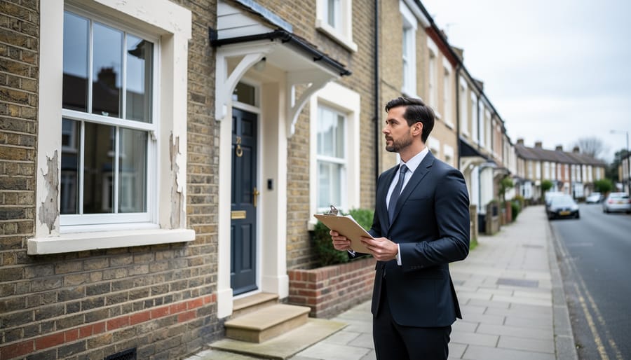 A real-estate professional outside a UK terraced house with subtle exterior pest-damage indications, photographed in overcast daylight.
